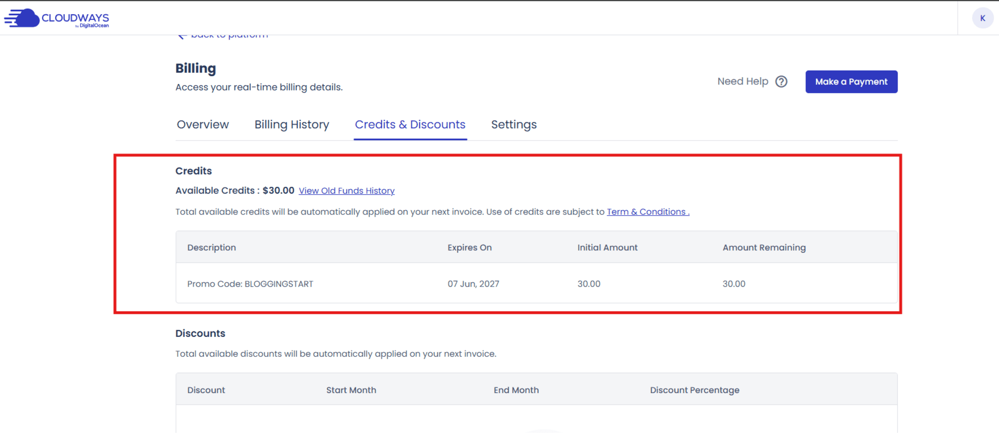 Cloudways Credits and Discounts dashboard showing BLOGGINGSTART promo code with 30 dollar available credit and June 7, 2027 expiry