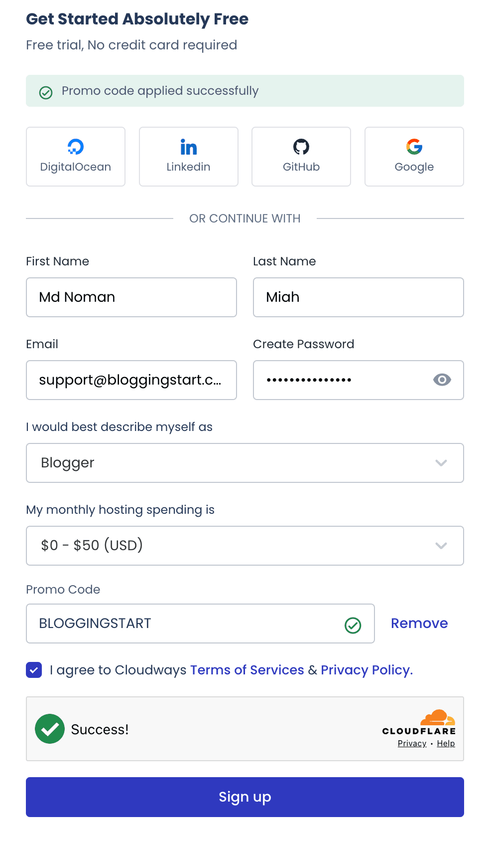 Cloudways free trial signup form showing BLOGGINGSTART promo code applied successfully with no credit card required